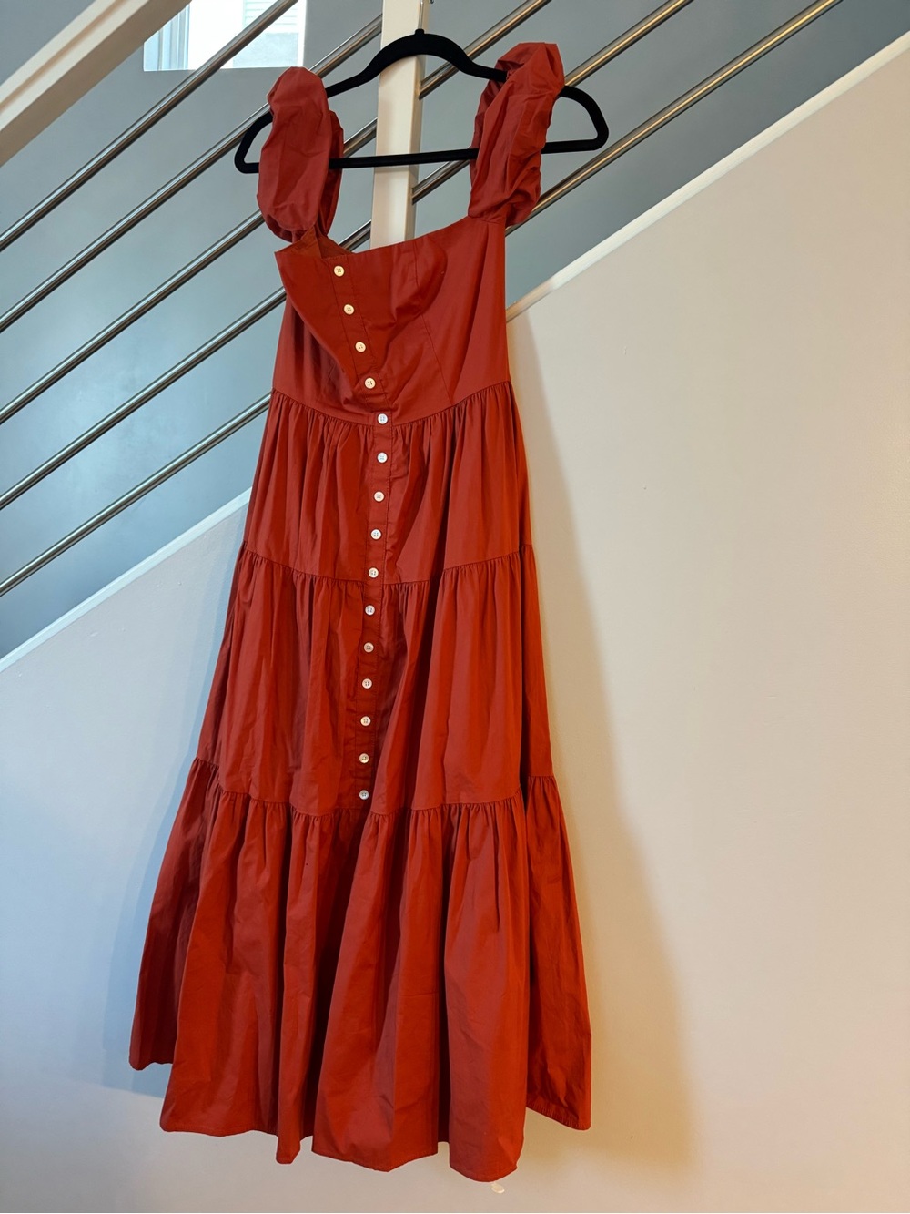 STAUD Rust Tiered Button-Front Midi Dress